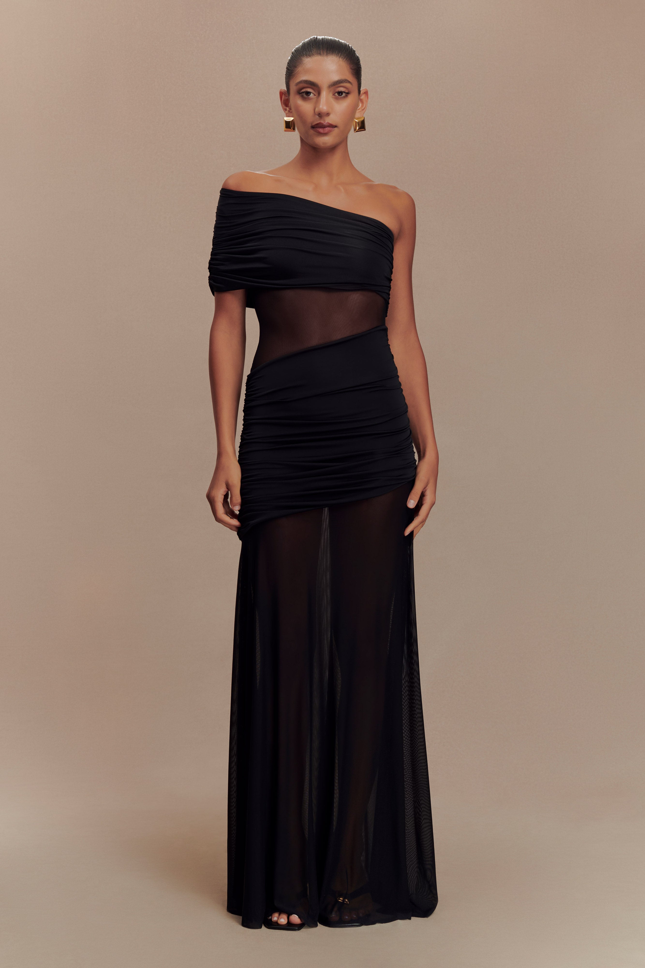 One Shoulder Mesh Maxi Dress - LOUVELLI