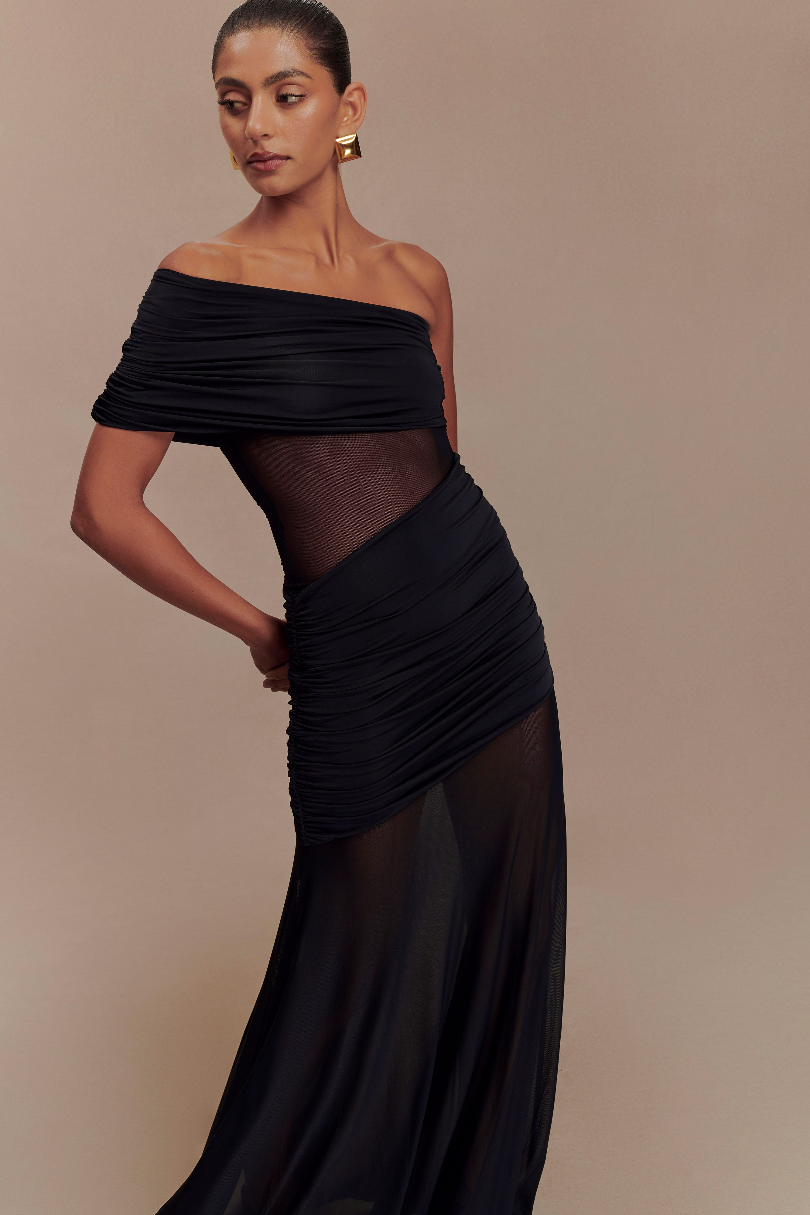 One Shoulder Mesh Maxi Dress - LOUVELLI