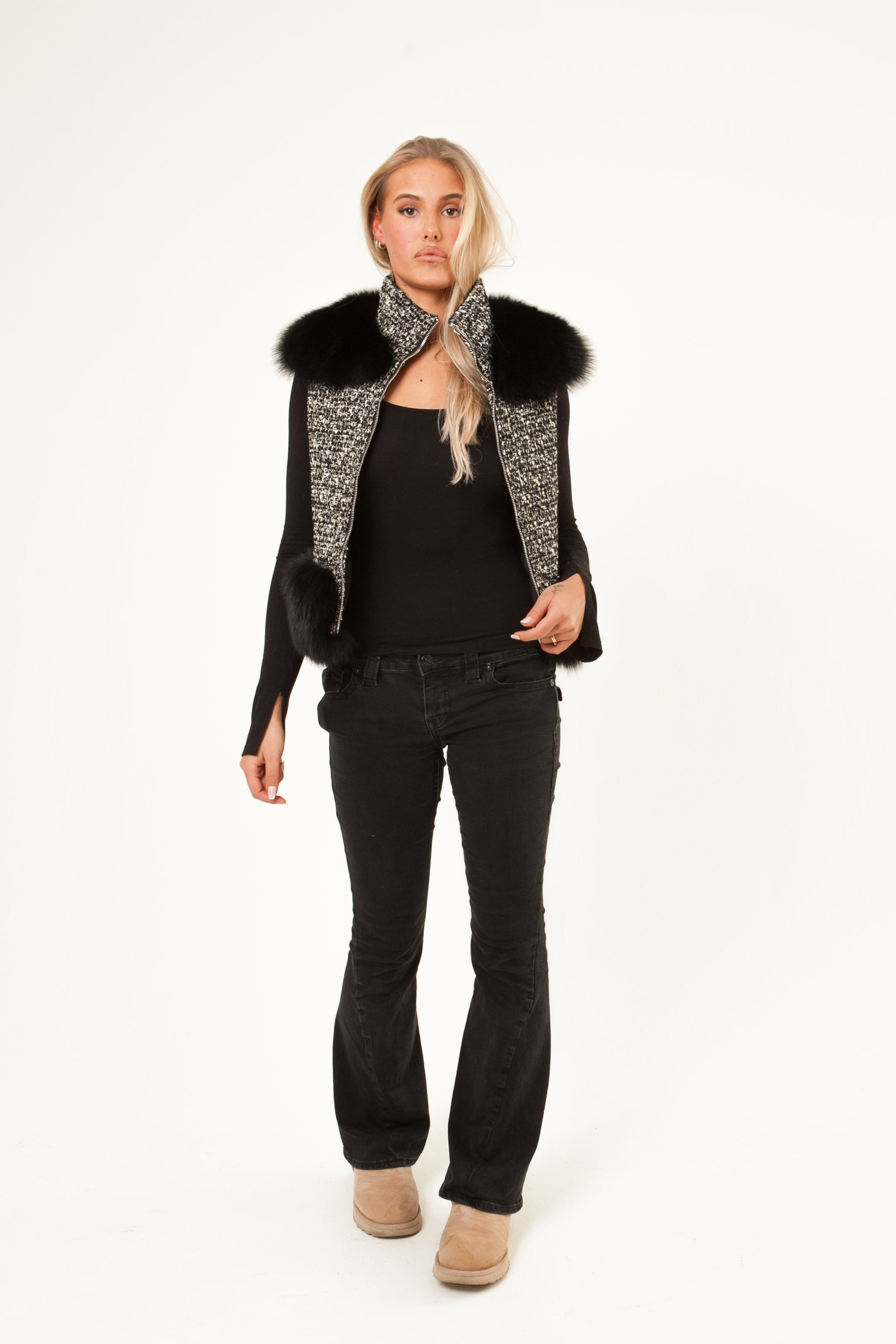 Tweed Vest With Fur - Black