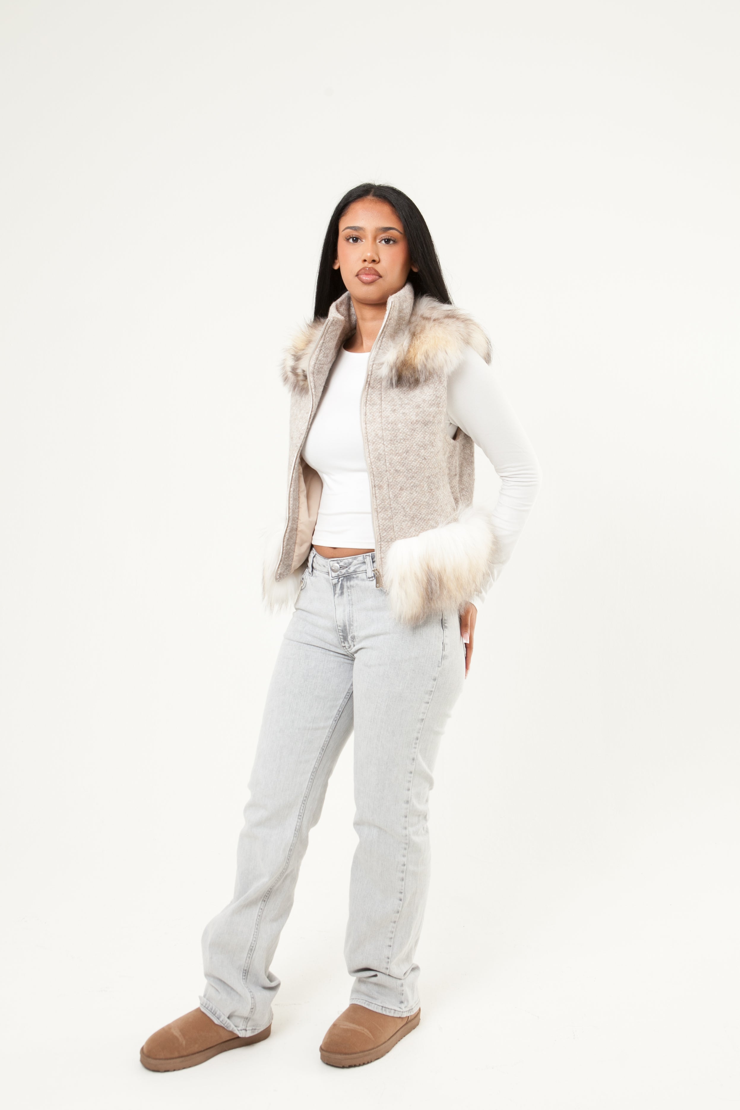 Tweed Vest With Fur - Beige