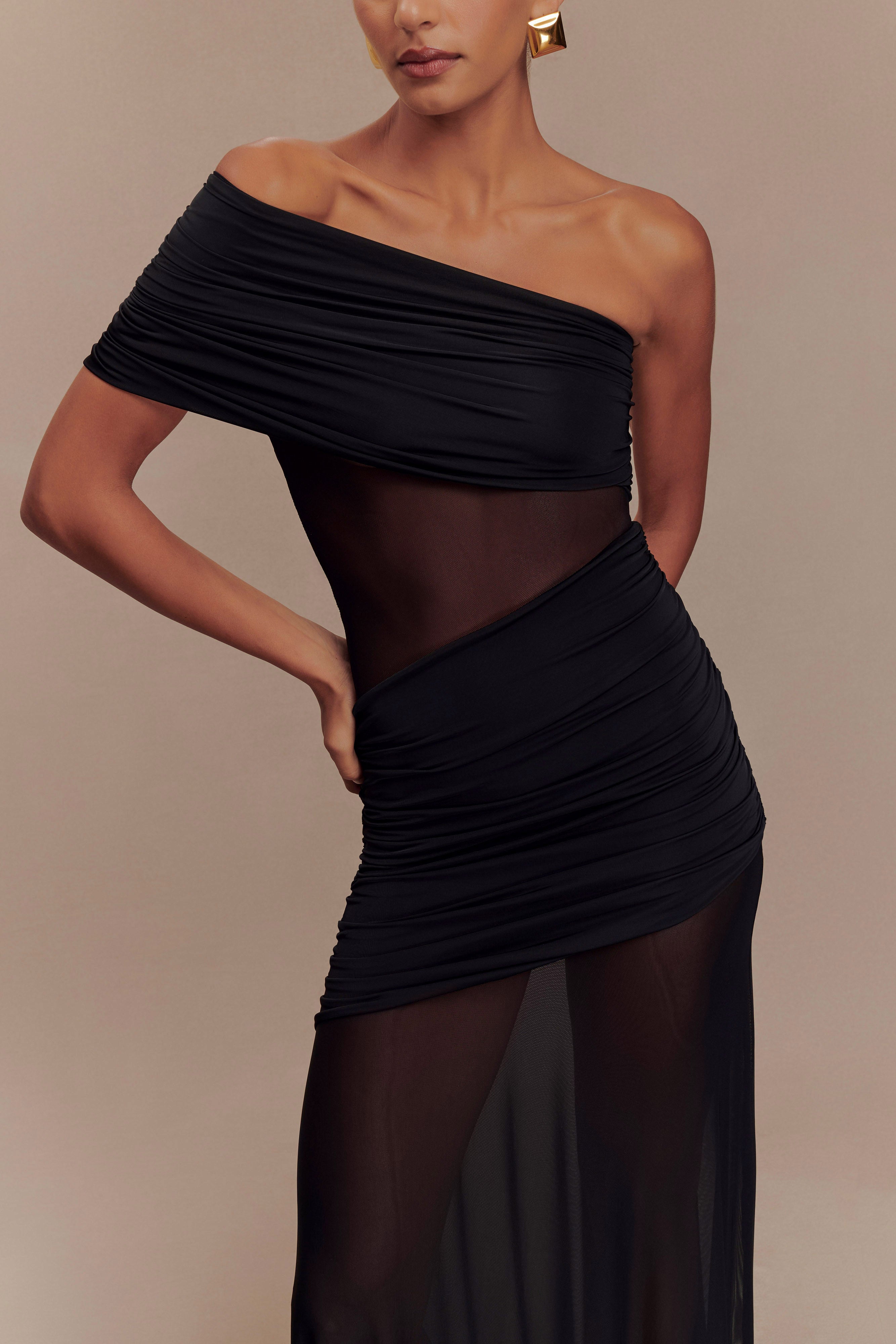 One Shoulder Mesh Maxi Dress - LOUVELLI